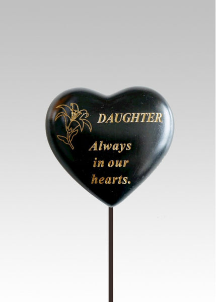 "Daughter" Black & Gold Love Heart Memorial Garden / Grave Rod / Wand Stick