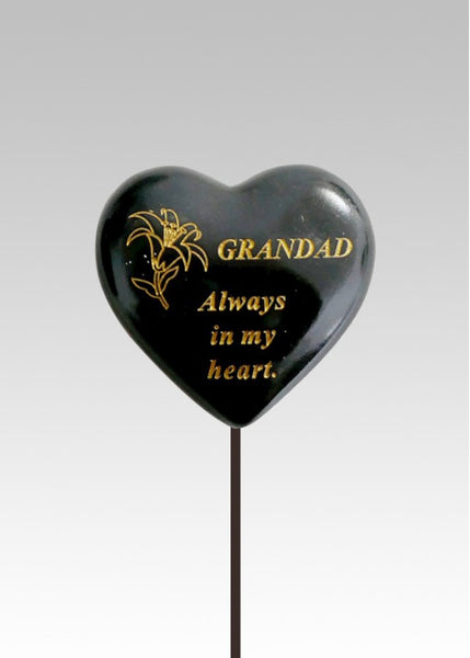 "Grandad, Always in my Heart" Black Gold Love Heart Memorial Garden / Grave Rod / Wand Stick