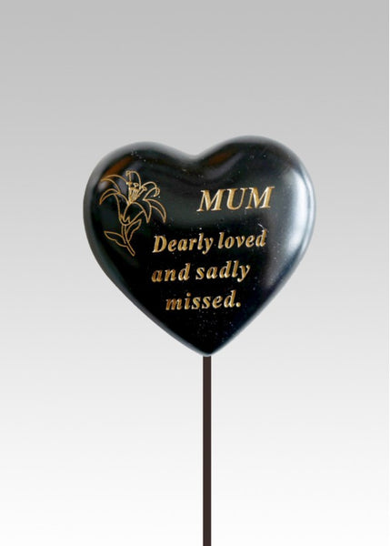 "Mum, Dearly Loved & Sadly Missed" Black & Gol Love Heart Memorial Garden / Grave Rod / Wand Stick