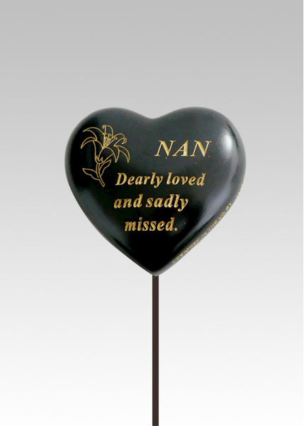 "Nan, Dearly Loved & Sadly Missed" Black Gold Love Heart Memorial Garden / Grave Rod / Wand Stick