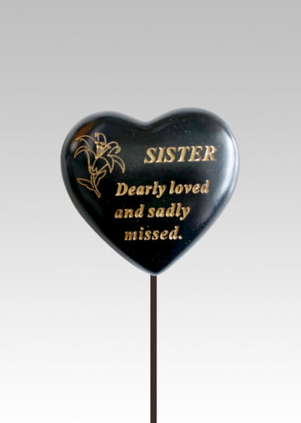 "Sister" Black & Gold Love Heart Memorial Garden / Grave Rod / Wand Stick