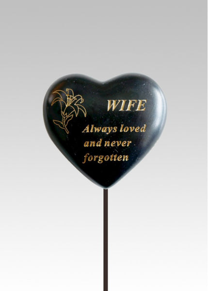 "Wife" Beautiful Black & Gold Love Heart Memorial Garden / Grave Rod / Wand Stick