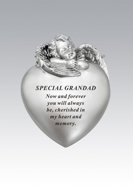 "Special Grandad" Silver Love Heart Shaped Cherub Memorial Garden / Grave Plaque
