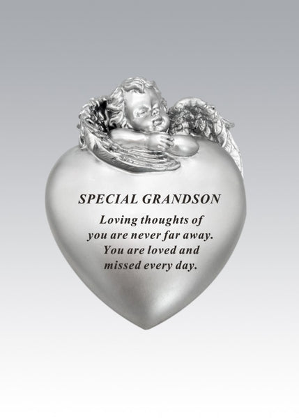 "Special Son" Beautiful Silver Angel Wings & Love Heart Shaped Memorial Garden / Grave Plaque