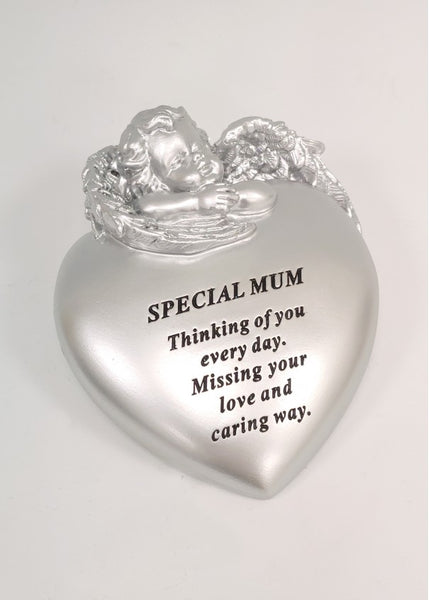 "Special Mum" Silver Cherub Angel Love Heart Memorial Garden / Grave Plaque