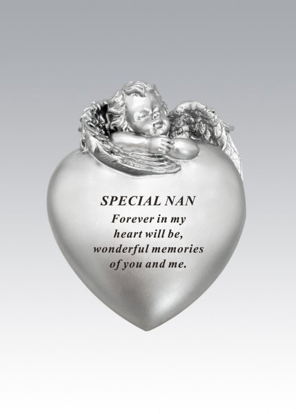 "Special Nan" Silver Love Heart Shaped Cherub Memorial Garden / Grave Plaque