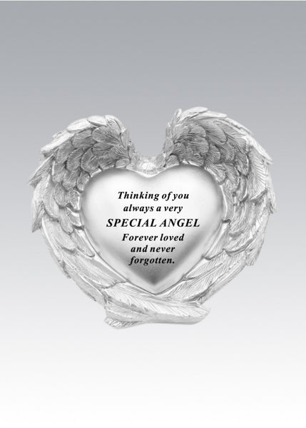 "Special Angel" Beautiful Silver Angel Wings & Love Heart Shaped Memorial Garden / Grave Plaque