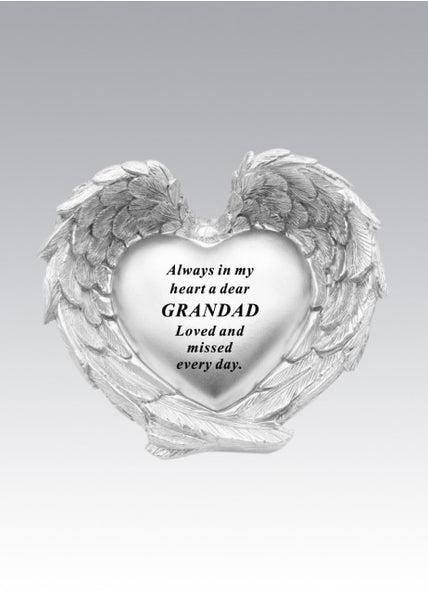 "Grandad" Silver Love Heart Shaped Angel Wings Detailed Memorial Garden / Grave Plaque