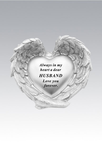 "Dear Husband" Silver Love Heart Angel Wings Shaped Detailed Memorial Garden / Grave Plaque