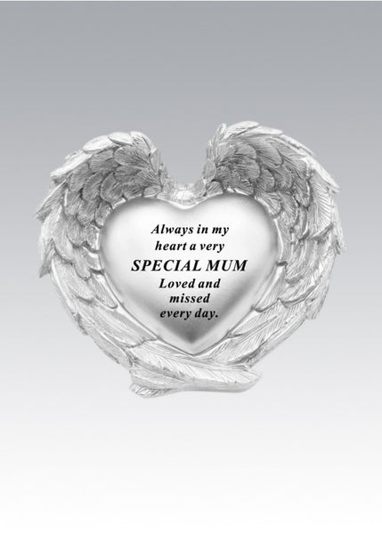 "Special Mum" Silver Textured Angel Wings Detailed Love Heart Memorial Garden / Grave Plaque