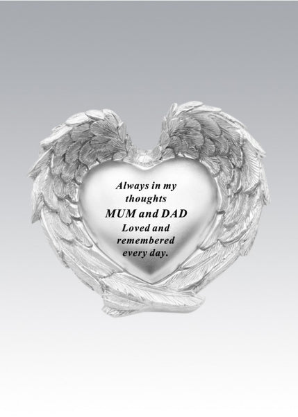 "Mum & Dad" Silver Textured Angel Wings Detailed Love Heart Memorial Garden / Grave Plaque