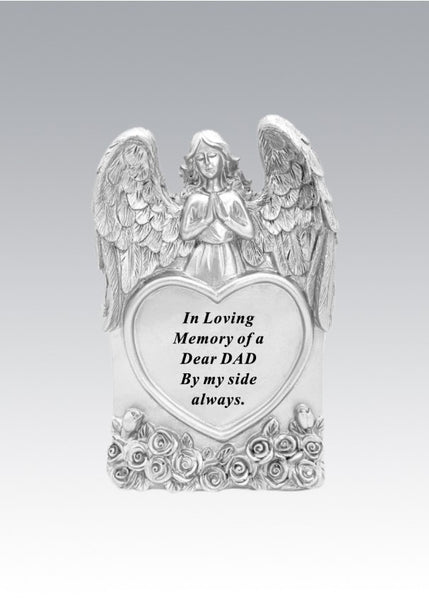 "Dear Dad" Silver Textured Praying Angel Love Heart Memorial Garden / Grave Plaque