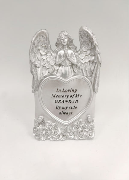 "Grandad" Silver Love Heart Shaped Praying Angel Detailed Memorial Garden / Grave Plaque