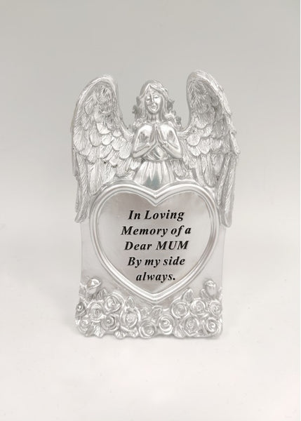 "Dear Mum, Always by My Side" Silver Textured Praying Angel Memorial Garden / Grave Plaque