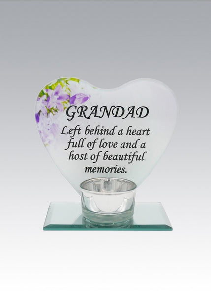 "Grandad" Memorial Glass Love Heart Shaped Tea Light Candle Holder with Sentimental Verse