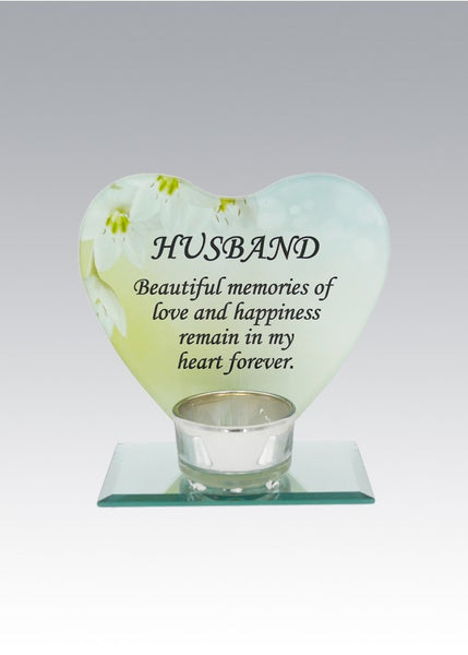 "Husband" Glass Memorial Tea Light Candle Holder with Sentimental Verse