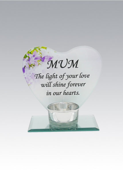 "Mum" Glass Memorial Tea Light Candle Holder with Sentimental Verse