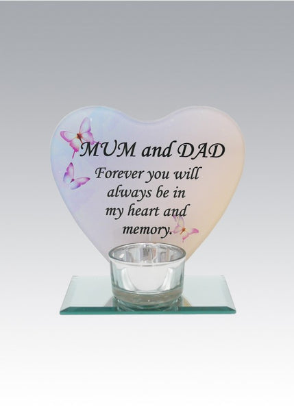 "Mum & Dad" Glass Memorial Tea Light Candle Holder with Sentimental Verse