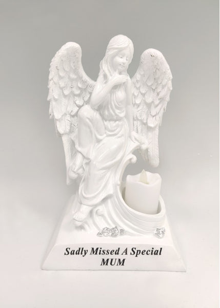 "A Special Mum" White Textured Angel Memorial Garden / Grave Plaque Ornament with LED Candle