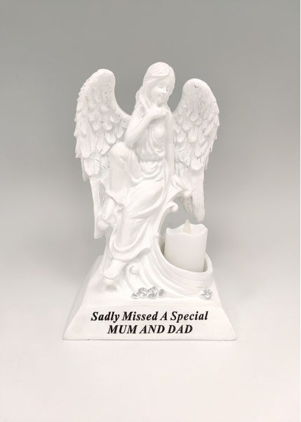 "A Special Mum & Dad" White Textured Angel Memorial Garden / Grave Plaque Ornament with LED Candle