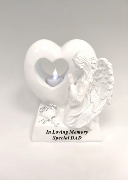 "In Loving Memory Special Dad" White Angel & Heart Memorial Garden / Grave Plaque Ornament with LED Candle