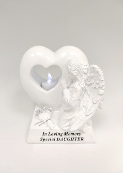 "In Loving Memory, Special Daughter" Beautiful Angel & Heart Memorial Garden / Grave Plaque with LED Tea Light