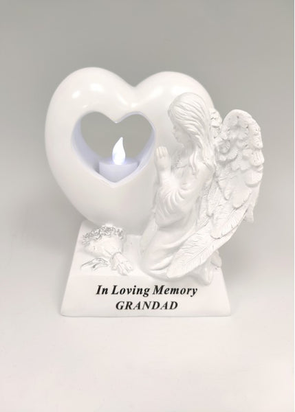 "In Loving Memory  Grandad" Angel & Heart Memorial Garden / Grave Plaque with Tea Light