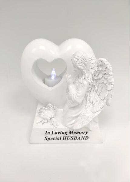 "Husband" White Angel & Love Heart Shaped Detailed Memorial Garden / Grave Plaque with LED Tea Light
