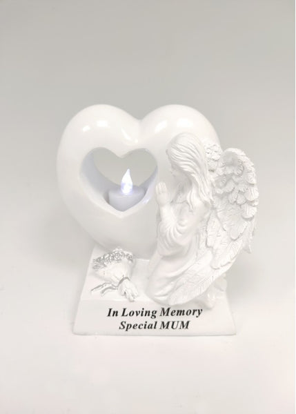"In Loving Memory Special Mum" White Angel & Heart Memorial Garden / Grave Plaque Ornament with LED Candle