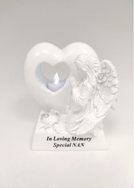 "In Loving Memory Special Nan" Angel & Heart Memorial Garden / Grave Plaque with Tea Light