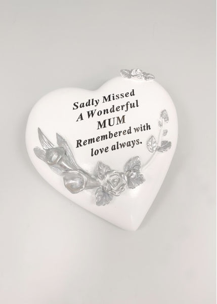 "A Wonderful Mum" Silver Floral Love Heart Memorial Garden / Grave Plaque