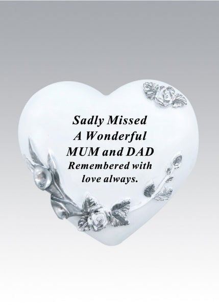 "A Wonderful Mum & Dad" Silver Floral Love Heart Memorial Garden / Grave Plaque