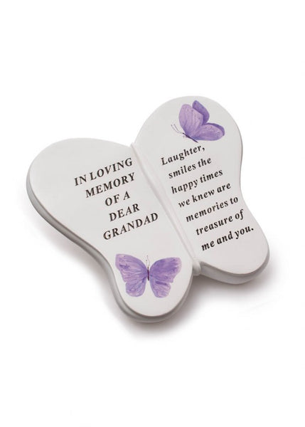 "In Loving Memory of A Dear Grandad" Butterfly Shaped Detailed Memorial Garden / Grave Plaque