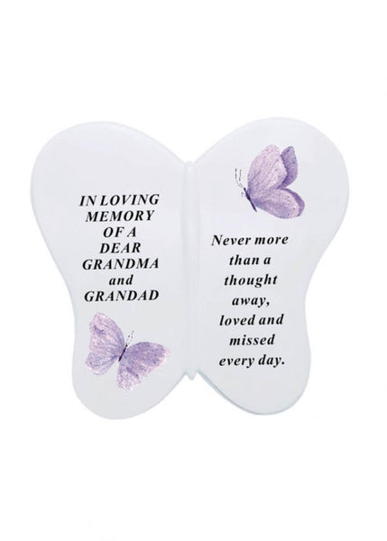 "In Loving Memory of A Dear Grandma & Grandad" Butterfly Shaped Memorial Garden / Grave Plaque