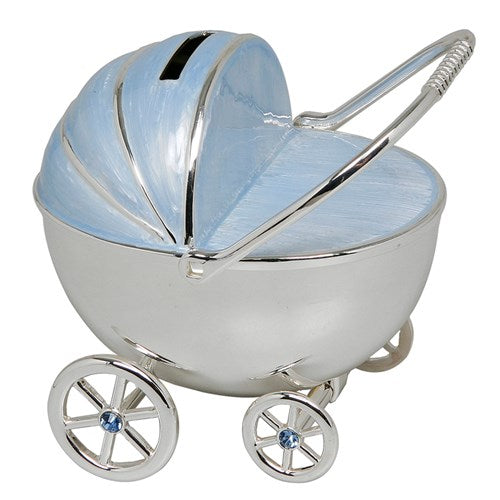 Silverplated Pram Novelty Baby / Toddler Keepsake Money Box - Available in Pink or Blue