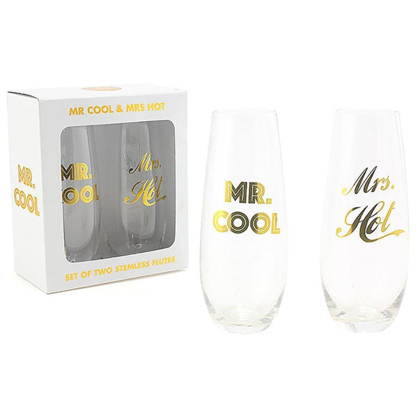 "Mr Cool & Mrs Hot" Novelty Stemless Flutes Glass 2 Piece Gift Set