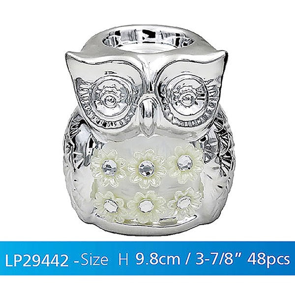 Owl Shaped Silver Metal & Floral "Mille" Decorated Single Tea Light Candle Holder