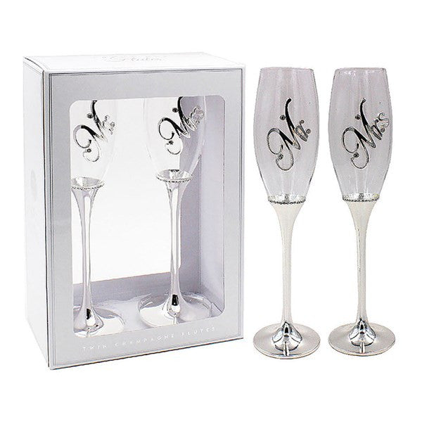 "Mr & Mrs" Set of Two Glass & Silverplated Champagne Flutes
