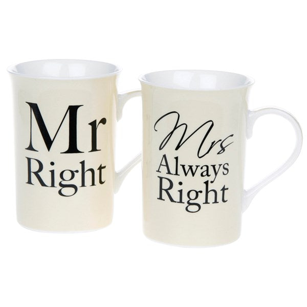 "Mr Right & Mrs Always Right" Set of Two Cream Fine China Mugs Gift Set