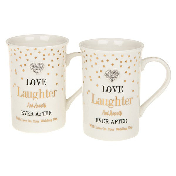 "Love, Laughter Happily Ever After, On Your Wedding Day" Set of 2 Dainty Fine China Mugs