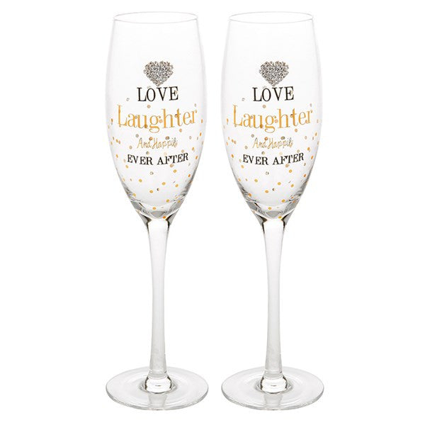 "Love, Laughter & Happily Ever After" Novelty Set of Two Dainty Glass Champagne Flutes Gift Set