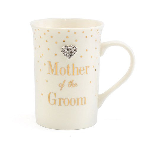 "Mother of the Groom" Gold Dots & Diamante Love Heart Wedding Favour Keepsake Fine China Mug / Cup