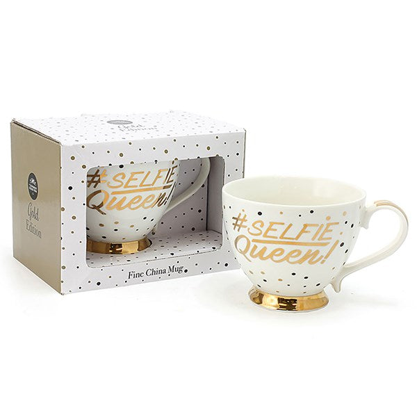 "#Selfie Queen" Novelty White & Gold Traditional Style Fine China Tea Cup / Mug