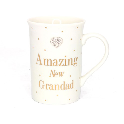 "Amazing New Grandad" White Gold Dotty Diamante Love Heart Sentimental Fine China Mug