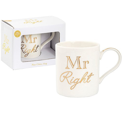 "Mr Right" Wedding / Anniversary Gold & White Novelty Fine China Mug