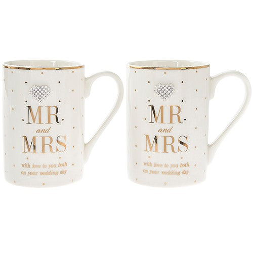 "Mr & Mrs - With Love to You Both on Your Wedding Day" Set of Two Dainty Fine China Mugs Wedding Gift Set