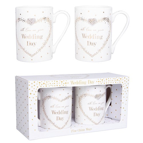 "With Love on Your Wedding Day" Set of Two Dainty Fine China Mugs Wedding Gift Set