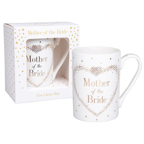 "Mother of the Bride" Gold Dots & Diamante Love Heart Wedding Favour Keepsake Fine China Mug / Cup