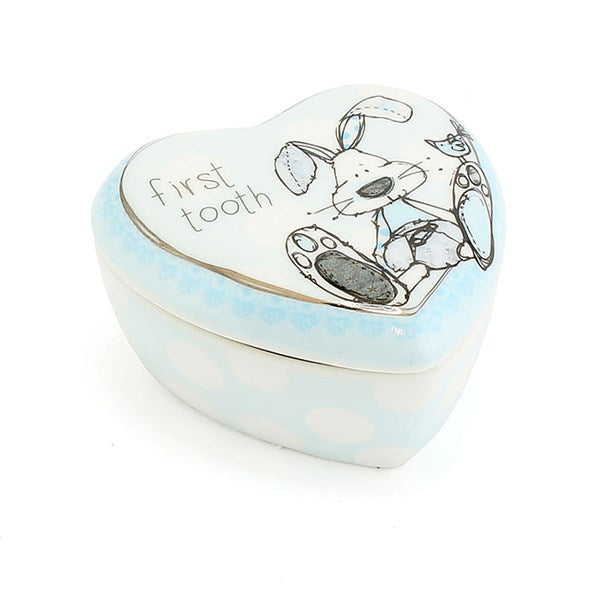 Baby Boy "First Tooth" Love Heart Fine China Keepsake Trinket Pot with Bunny Rabbit Artwork