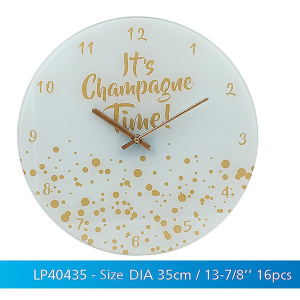 "Its Champagne Time!" Funny White & Gold Novelty Glass Wall Clock - Battery Operated